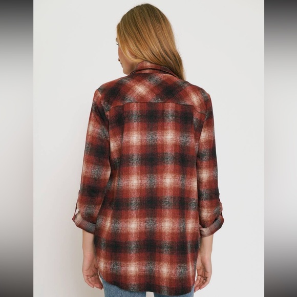 Plaid Shacket Shirt Jacket With Pockets Burgundy Size S - Picture 4 of 8